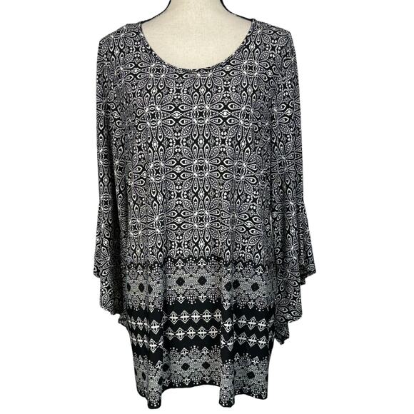 Christopher & Banks X-Large Tunic Top Geometric Long Bell Sleeves Stretch Black - Picture 1 of 9